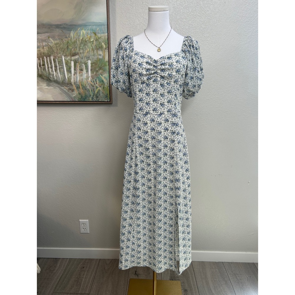 Things Between Blue Floral Midi Dress Puff Sleeve Cottagecore Prairie Dress S